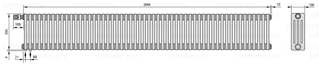 Схема (чертеж) Радиатор Zehnder Charleston 4055/54 №V001 Белый глянцевый RAL 9016